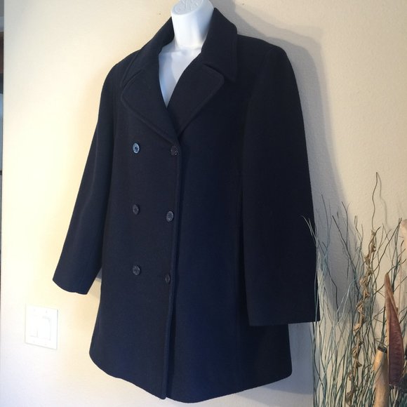 Real Comfort Wool Pea Coat Navy Blue Double Breasted L Vintage - Picture 2 of 12